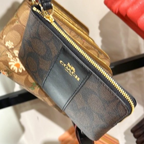 Coach Handbags - Coach Corner Zip Wristlet In Signature Canvas Gold/Brown Black